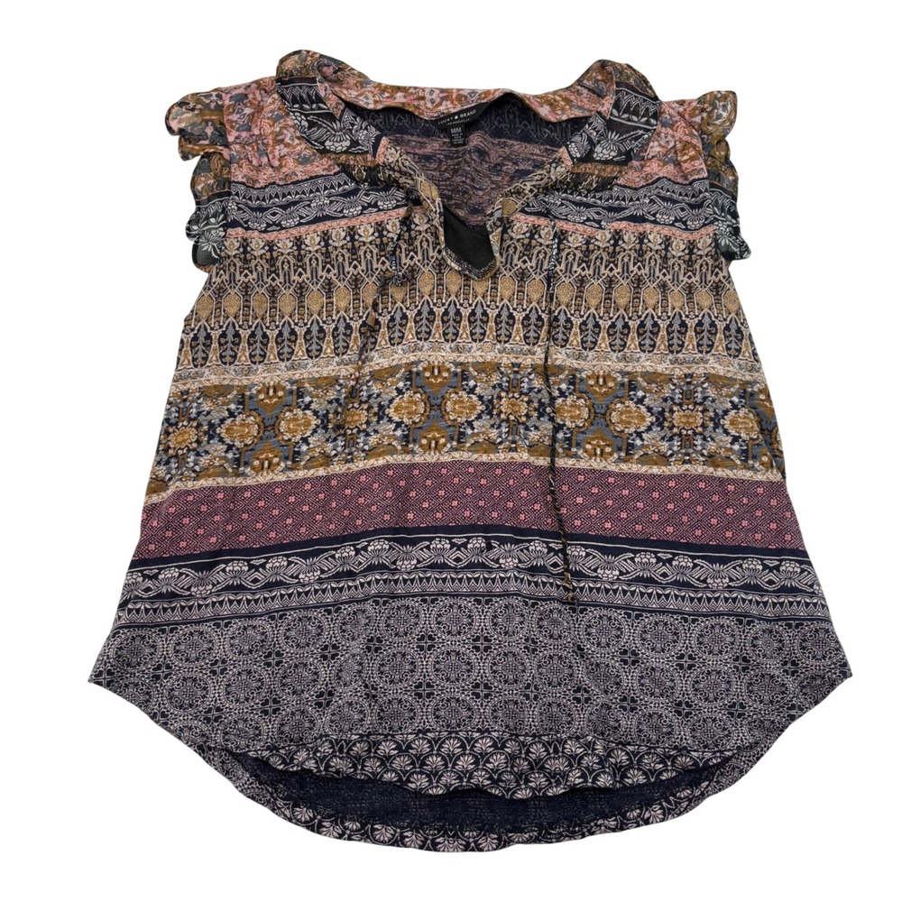 Lucky Brand Womens Medium Mixed Media Flutter Sleeve Boho Print Tie Neck Top